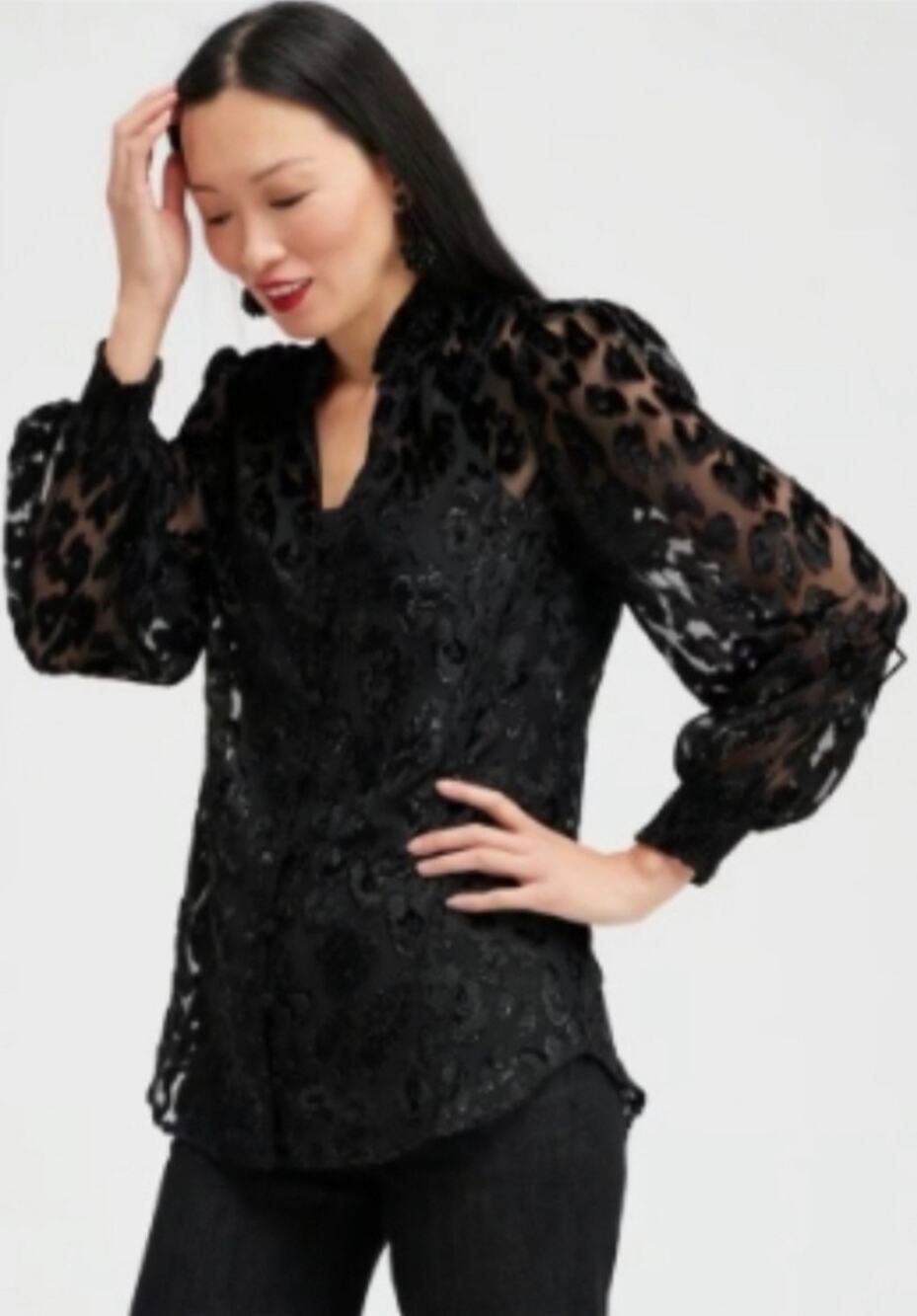 Chico’s Black Leopard Velvet Burnout Long Sleeve Blouse Women's US 12